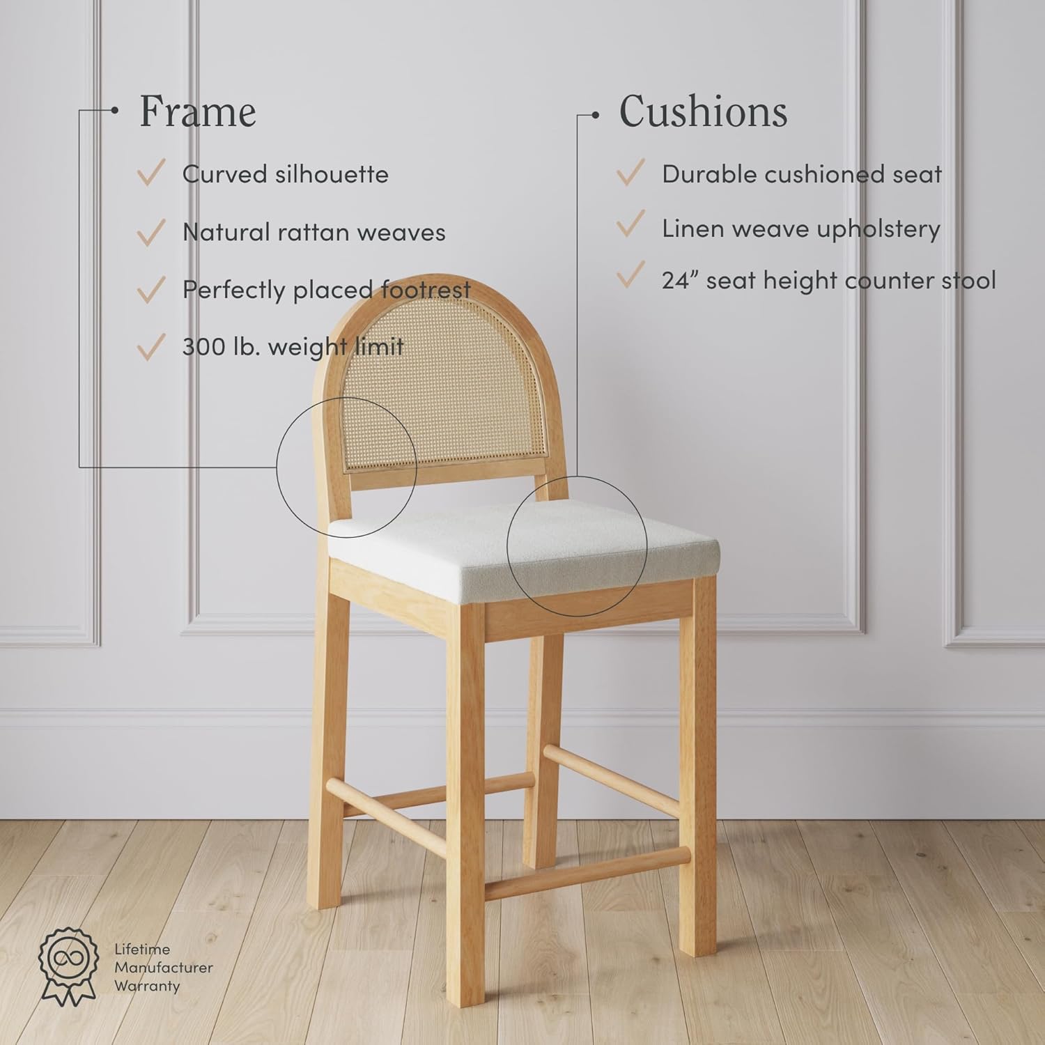 Nathan James Bailey Upholstered Rattan Bar Stool in Oak Finish Frame, Counter Height Stool with Natural Rattan Woven Back For Kitchen Island, Brown