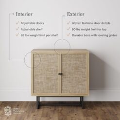 Nathan James Kova Accent Sideboard Storage Cabinet in Light Wood and Rattan with Metal Frame, Adjustable Shelves and Cane Doors, for Hallway, or Living Room, Light Oak/Cane/Black