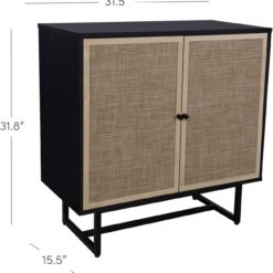 Nathan James Kova Rattan Wood Accent Sideboard Storage Cabinet with Matte Metal Frame, Adjustable Interior Shelves and Cane Doors, for Hallway, Entryway or Living Room, Black Oak/Cane