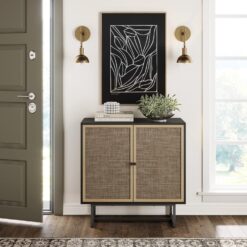 Nathan James Kova Rattan Wood Accent Sideboard Storage Cabinet with Matte Metal Frame, Adjustable Interior Shelves and Cane Doors, for Hallway, Entryway or Living Room, Black Oak/Cane