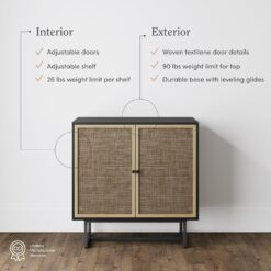 Nathan James Kova Rattan Wood Accent Sideboard Storage Cabinet with Matte Metal Frame, Adjustable Interior Shelves and Cane Doors, for Hallway, Entryway or Living Room, Black Oak/Cane