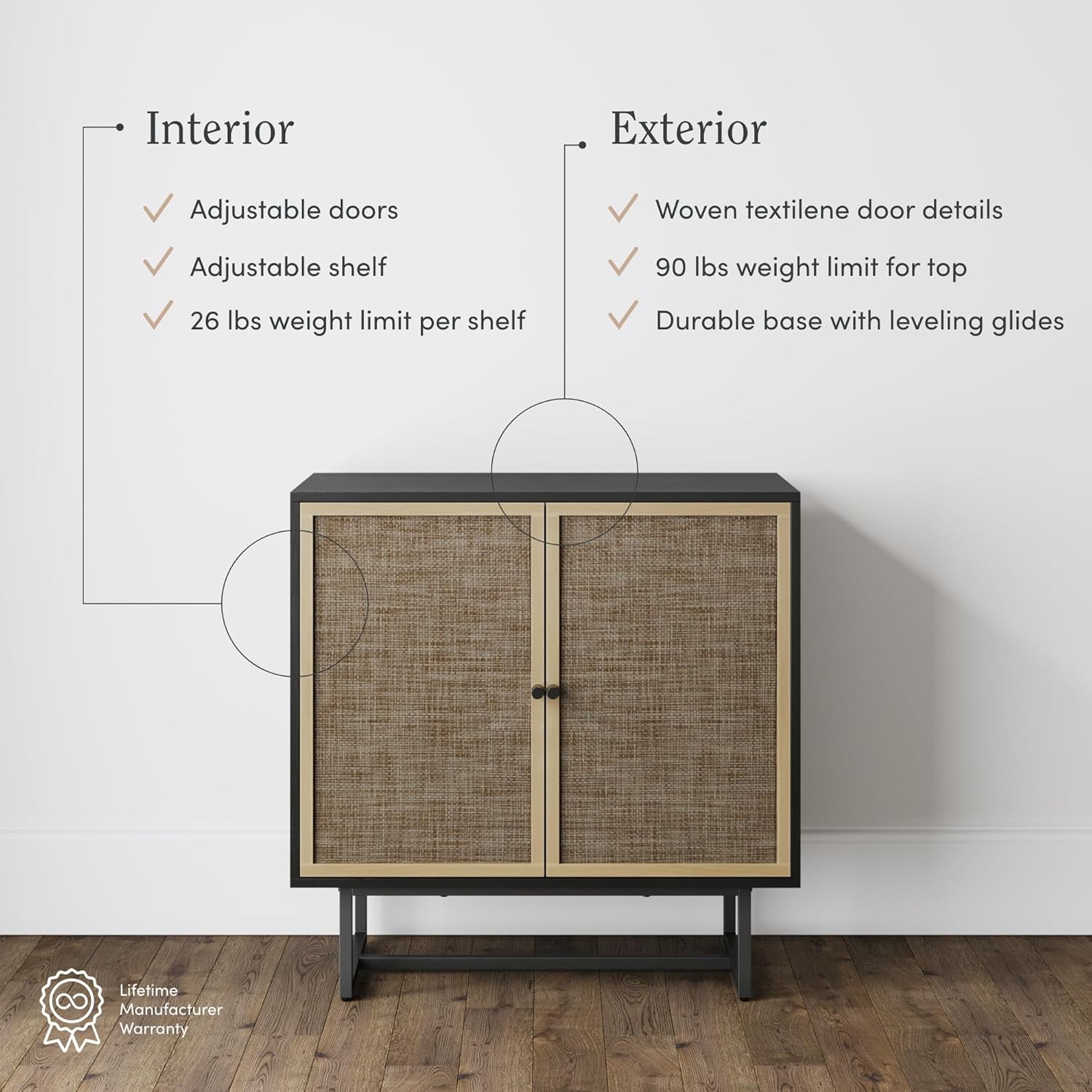 Nathan James Kova Rattan Wood Accent Sideboard Storage Cabinet with Matte Metal Frame, Adjustable Interior Shelves and Cane Doors, for Hallway, Entryway or Living Room, Black Oak/Cane