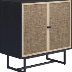 Nathan James Kova Rattan Wood Accent Sideboard Storage Cabinet with Matte Metal Frame, Adjustable Interior Shelves and Cane Doors, for Hallway, Entryway or Living Room, Black Oak/Cane