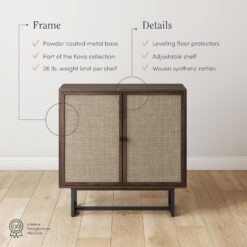 Nathan James Kova Bohemian Rattan Accent Sideboard Storage Cabinet, with Doors and Matte Black Legs, Dark Brown/Black