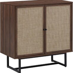 Nathan James Kova Bohemian Rattan Accent Sideboard Storage Cabinet, with Doors and Matte Black Legs, Dark Brown/Black
