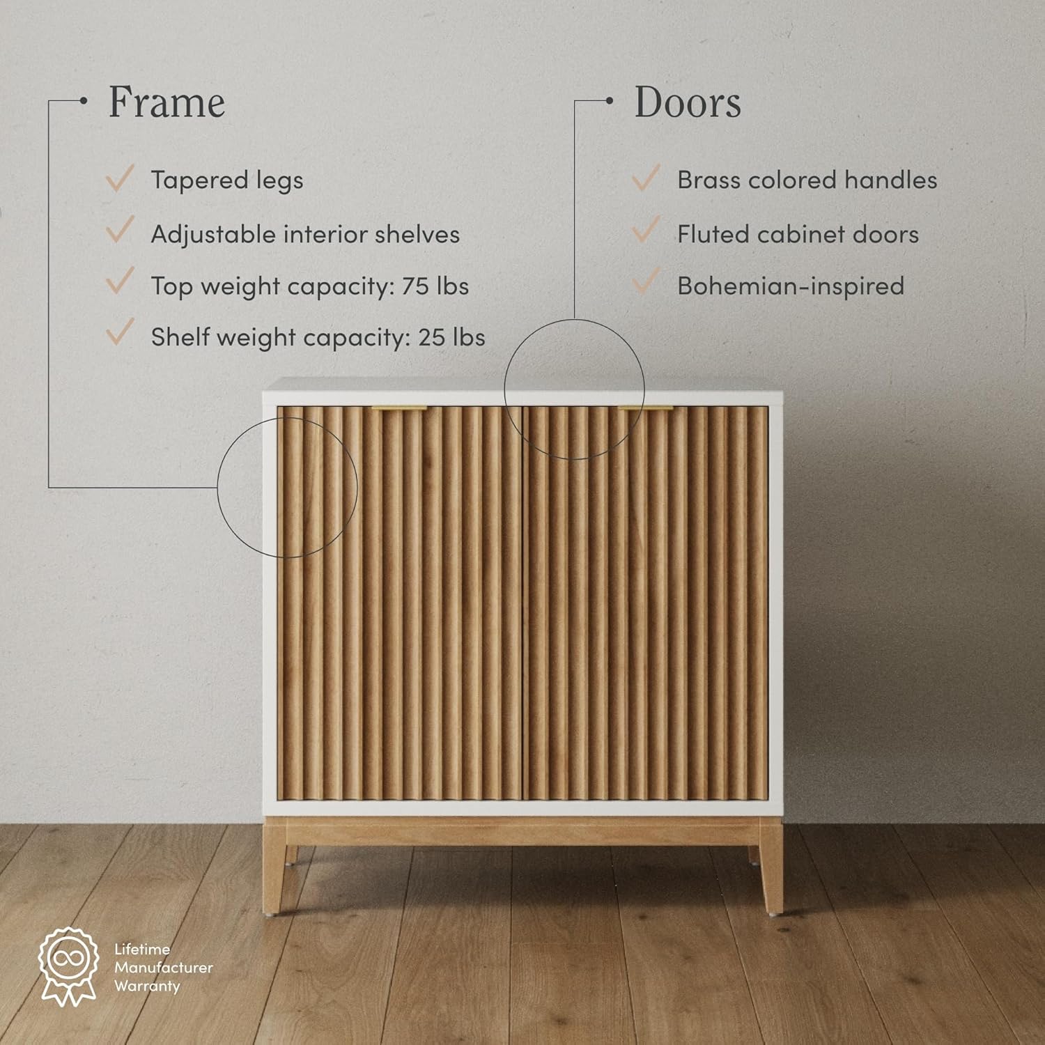 Nathan James Jasper Modern Sideboard, Kitchen Storage Cabinet with Fluted Doors, Accent Storage for Kitchen or Living Room, White/Warm Pine