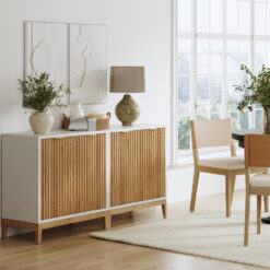 Nathan James Jasper Modern Sideboard, Kitchen Storage Cabinet with Fluted Doors, Accent Storage for Kitchen or Living Room, White/Warm Pine