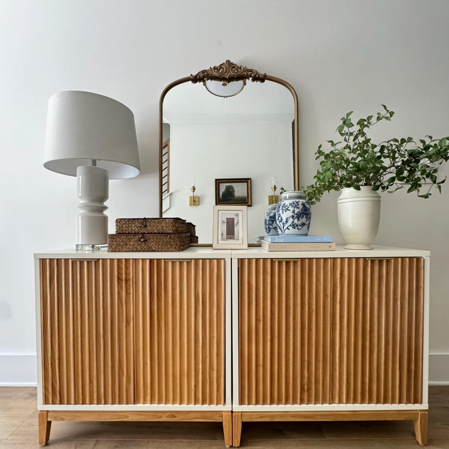 Nathan James Jasper Modern Sideboard, Kitchen Storage Cabinet with Fluted Doors, Accent Storage for Kitchen or Living Room, White/Warm Pine