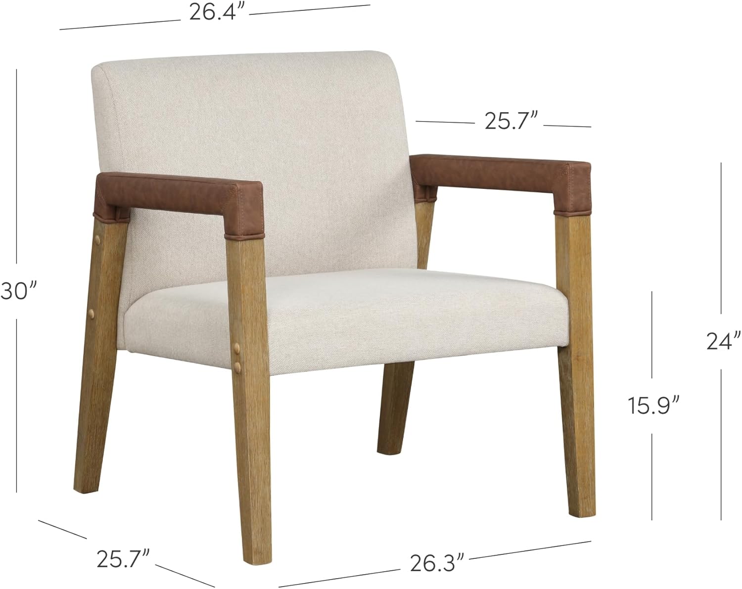 Nathan James Hudson Accent Living Room Chair, Comfy Reading Bedroom Chair, Mid-Century Wood Armchair, Upholstered Fabric and Leather Armrest