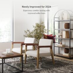 Nathan James Hudson Accent Living Room Chair, Comfy Reading Bedroom Chair, Mid-Century Wood Armchair, Upholstered Fabric and Leather Armrest