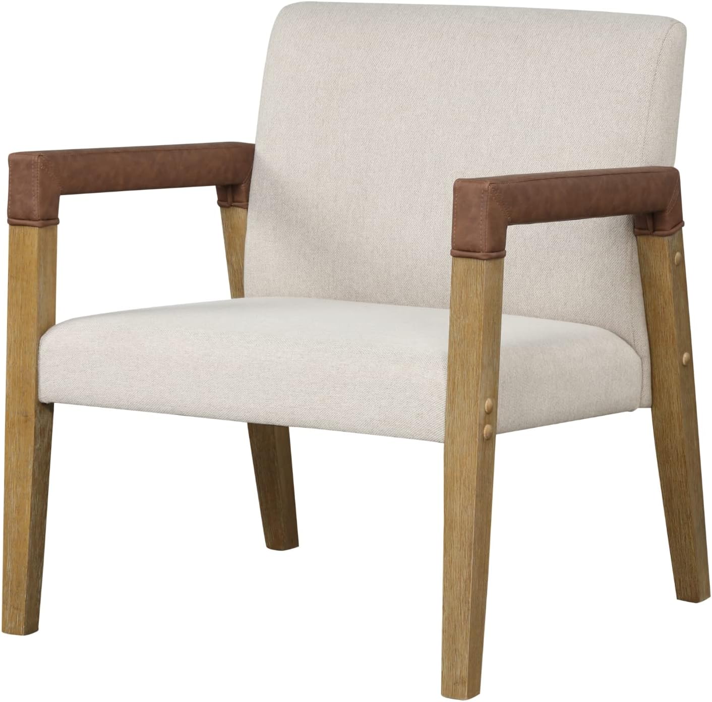 Nathan James Hudson Accent Living Room Chair, Comfy Reading Bedroom Chair, Mid-Century Wood Armchair, Upholstered Fabric and Leather Armrest
