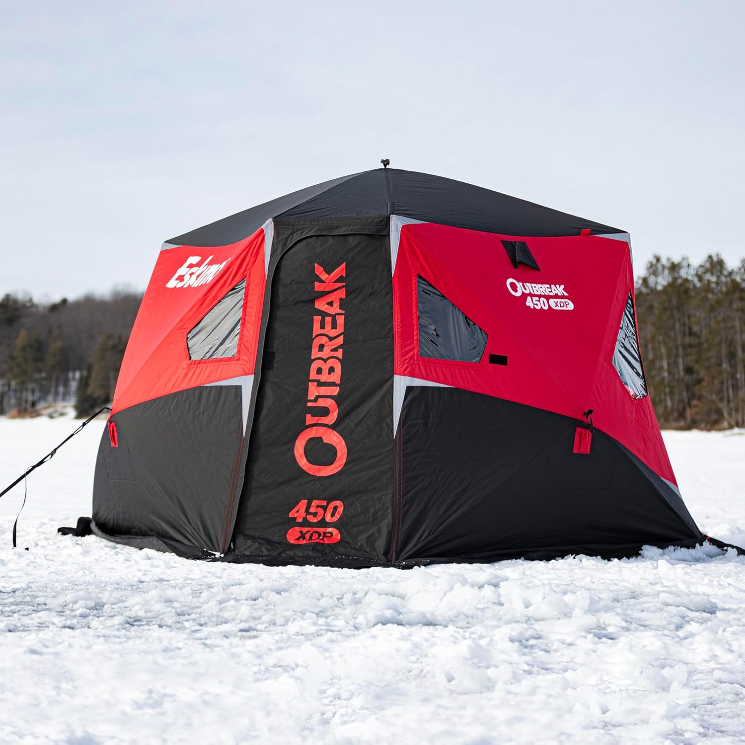 Eskimo Outbreak 450XDP, Pop-Up Portable Ice Fishing Shelter, No-Trip Door, 4-5 Person, Red/Black, 50450