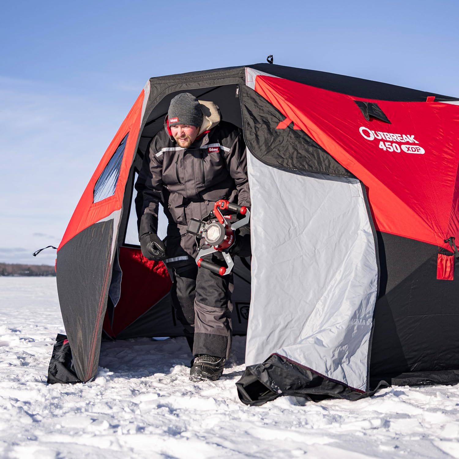 Eskimo Outbreak 450XDP, Pop-Up Portable Ice Fishing Shelter, No-Trip Door, 4-5 Person, Red/Black, 50450