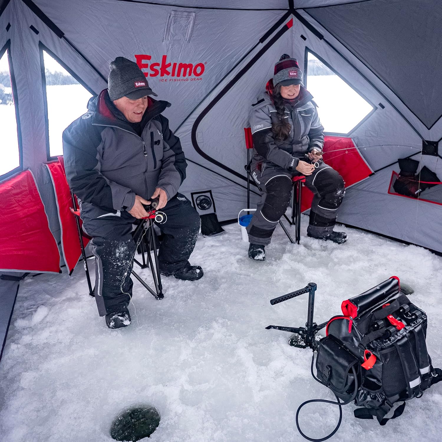 Eskimo Outbreak 450XDP, Pop-Up Portable Ice Fishing Shelter, No-Trip Door, 4-5 Person, Red/Black, 50450