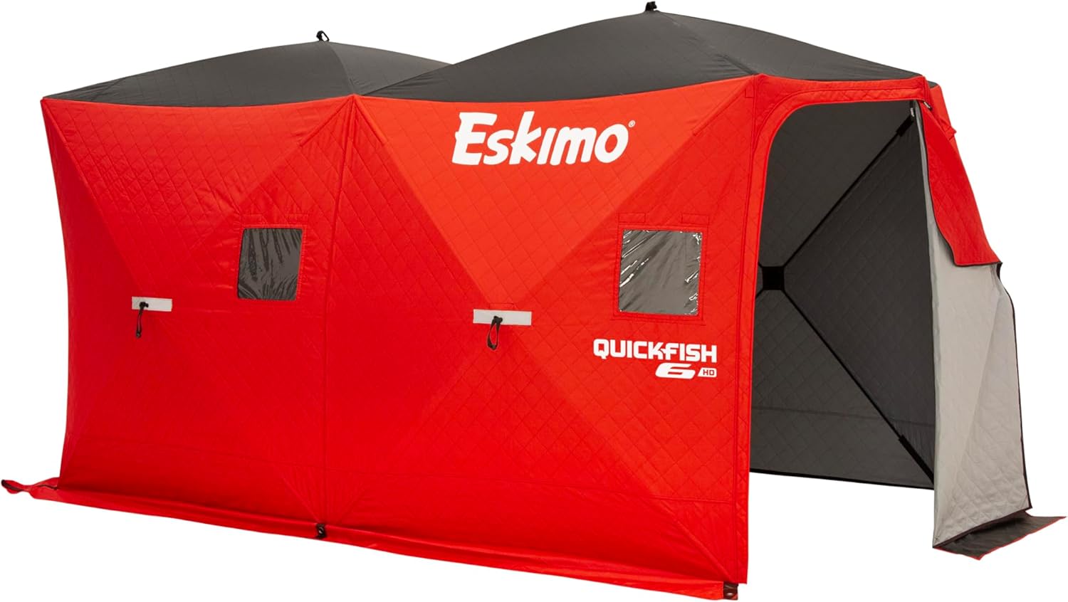Eskimo QuickFish 6HD, Pop-Up Portable Shelter, No-Trip Door, Red/Black, Fully Insulated, Deluxe Ice Anchors, Six Person, Ice Fishing Shelter, 46076