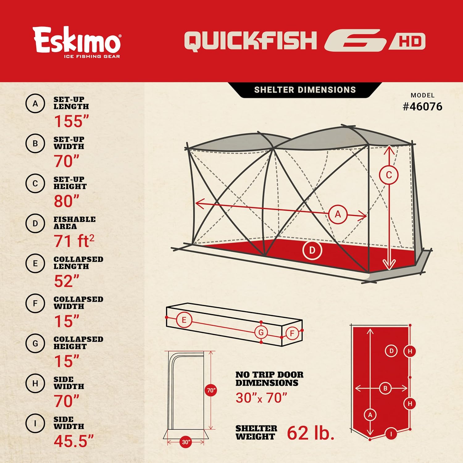 Eskimo QuickFish 6HD, Pop-Up Portable Shelter, No-Trip Door, Red/Black, Fully Insulated, Deluxe Ice Anchors, Six Person, Ice Fishing Shelter, 46076