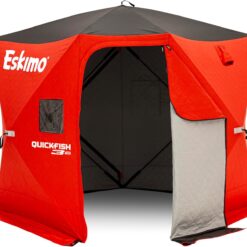 Eskimo QuickFish 3HD, Pop-Up Portable Shelter, No-Trip Door, Red/Black, Fully Insulated, Deluxe Ice Anchors, Three Person, Ice Fishing Shelter, 46075
