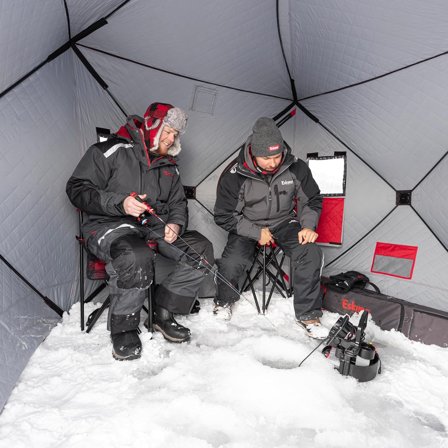 Eskimo QuickFish 3HD, Pop-Up Portable Shelter, No-Trip Door, Red/Black, Fully Insulated, Deluxe Ice Anchors, Three Person, Ice Fishing Shelter, 46075