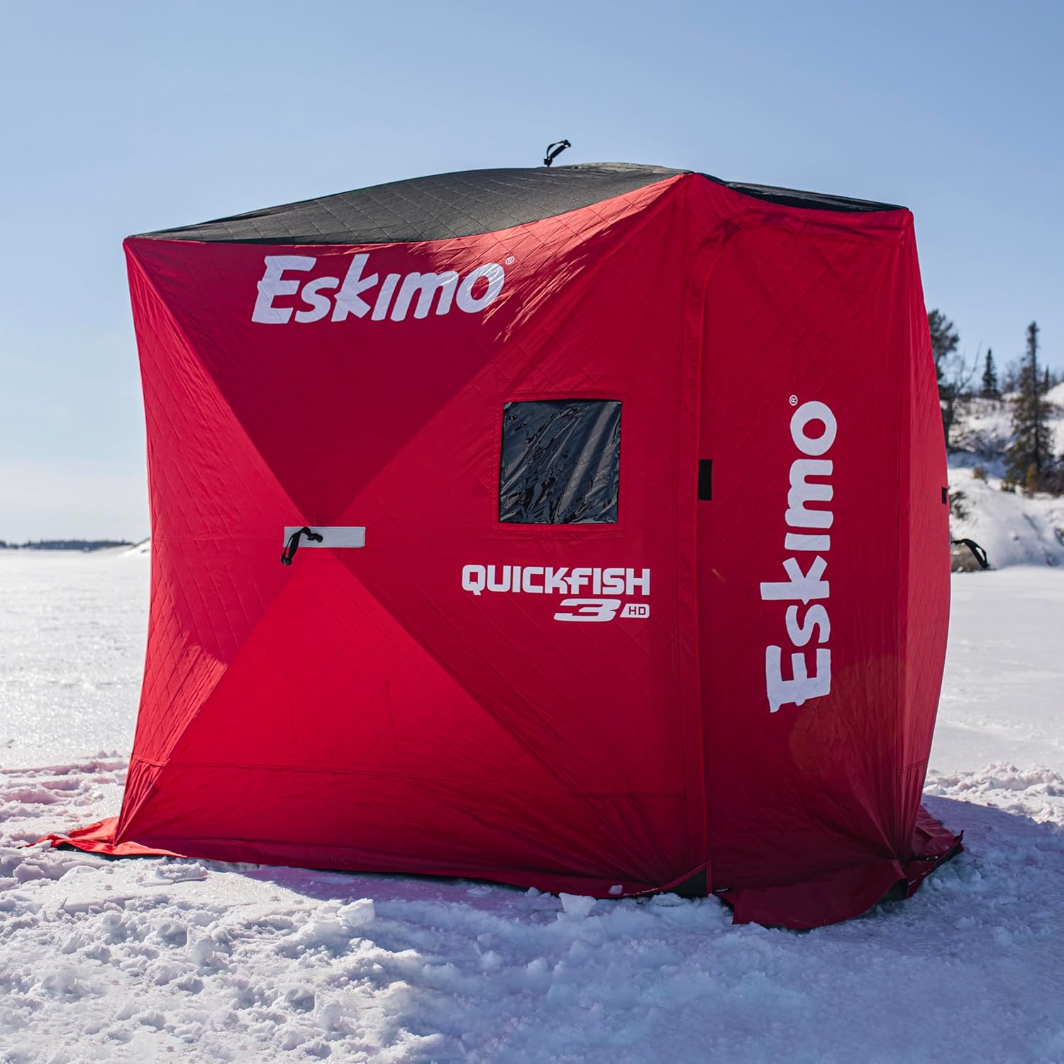 Eskimo QuickFish 3HD, Pop-Up Portable Shelter, No-Trip Door, Red/Black, Fully Insulated, Deluxe Ice Anchors, Three Person, Ice Fishing Shelter, 46075