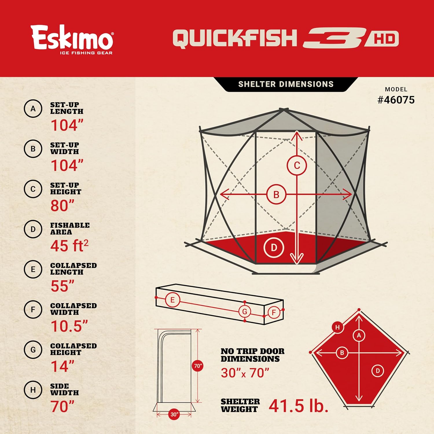 Eskimo QuickFish 3HD, Pop-Up Portable Shelter, No-Trip Door, Red/Black, Fully Insulated, Deluxe Ice Anchors, Three Person, Ice Fishing Shelter, 46075