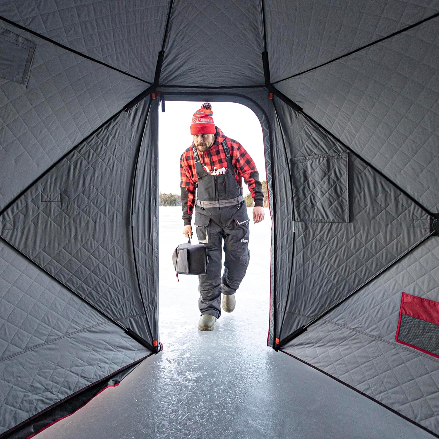 Eskimo QuickFish 3HD, Pop-Up Portable Shelter, No-Trip Door, Red/Black, Fully Insulated, Deluxe Ice Anchors, Three Person, Ice Fishing Shelter, 46075