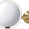simplehuman Sensor Mirror, Wall Mount Makeup Mirror with Light, 8" Round Lighted with Magnification (5X), Hard Wired, Swing Arm, Brass Stainless Steel