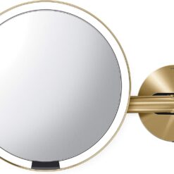 simplehuman Sensor Mirror, Wall Mount Makeup Mirror with Light, 8" Round Lighted with Magnification (5X), Hard Wired, Swing Arm, Brass Stainless Steel