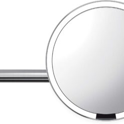simplehuman, Brushed 8" Round Wall Mount Sensor Makeup Mirror, 5x Magnification, Hard-Wired (100-240v), Stainless Steel, 8"