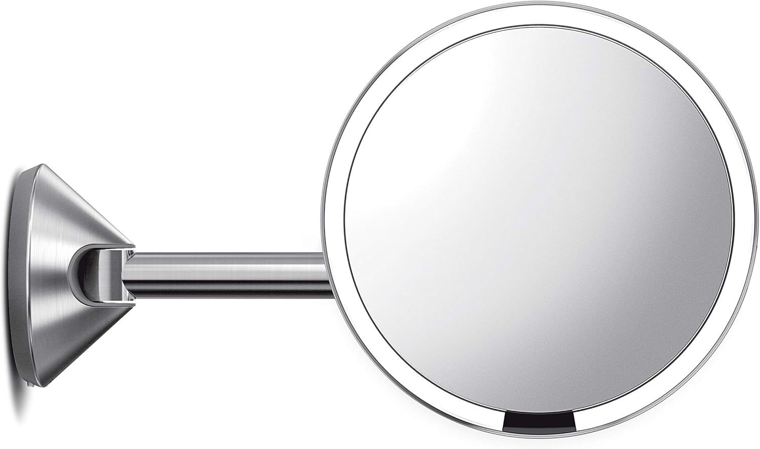 simplehuman, Brushed 8" Round Wall Mount Sensor Makeup Mirror, 5x Magnification, Hard-Wired (100-240v), Stainless Steel, 8"