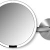 simplehuman, Brushed 8" Round Wall Mount Sensor Makeup Mirror, 5x Magnification, Hard-Wired (100-240v), Stainless Steel, 8"