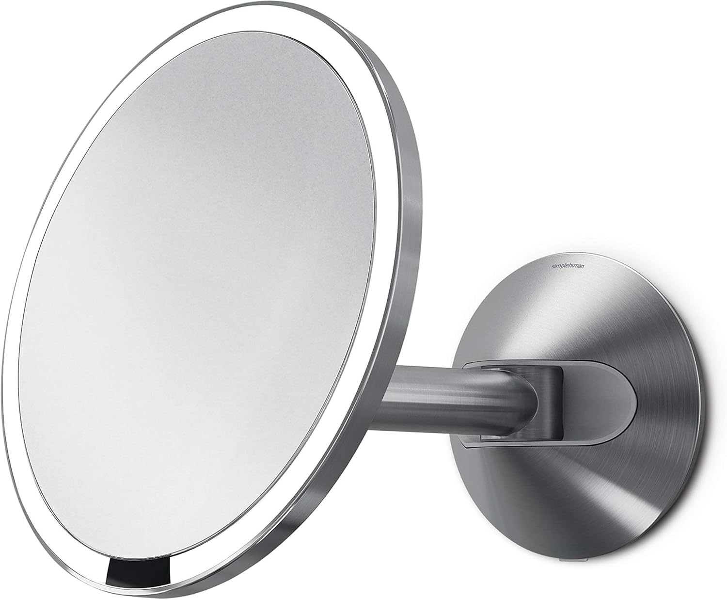 simplehuman, Brushed 8" Round Wall Mount Sensor Makeup Mirror, 5x Magnification, Hard-Wired (100-240v), Stainless Steel, 8"