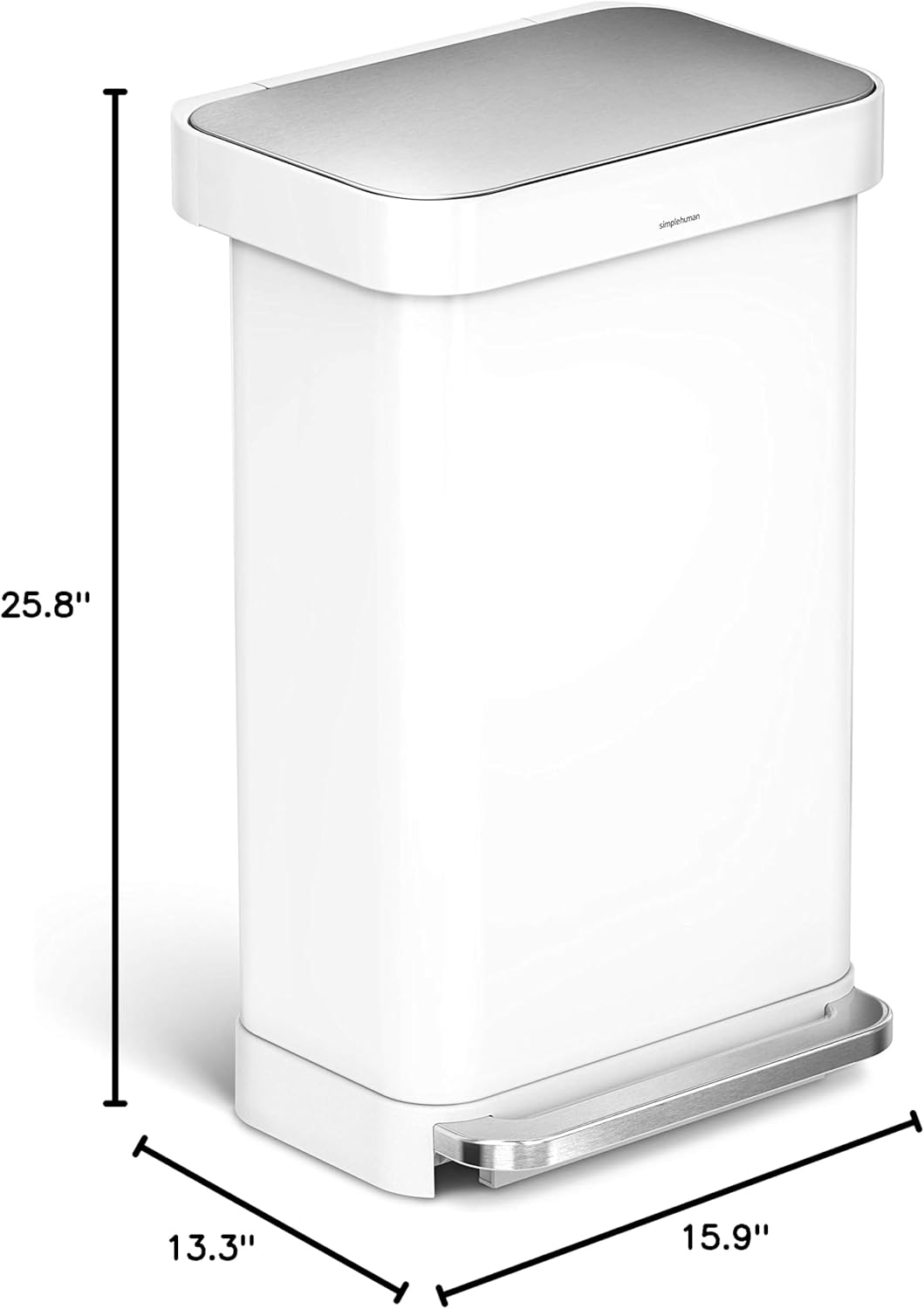 simplehuman Kitchen Trash Can with Lid, Touchless Waste Bin, Large 45 Liter, Rectangular, White Stainless Steel
