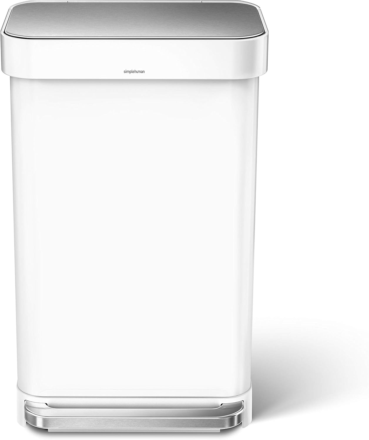simplehuman Kitchen Trash Can with Lid, Touchless Waste Bin, Large 45 Liter, Rectangular, White Stainless Steel