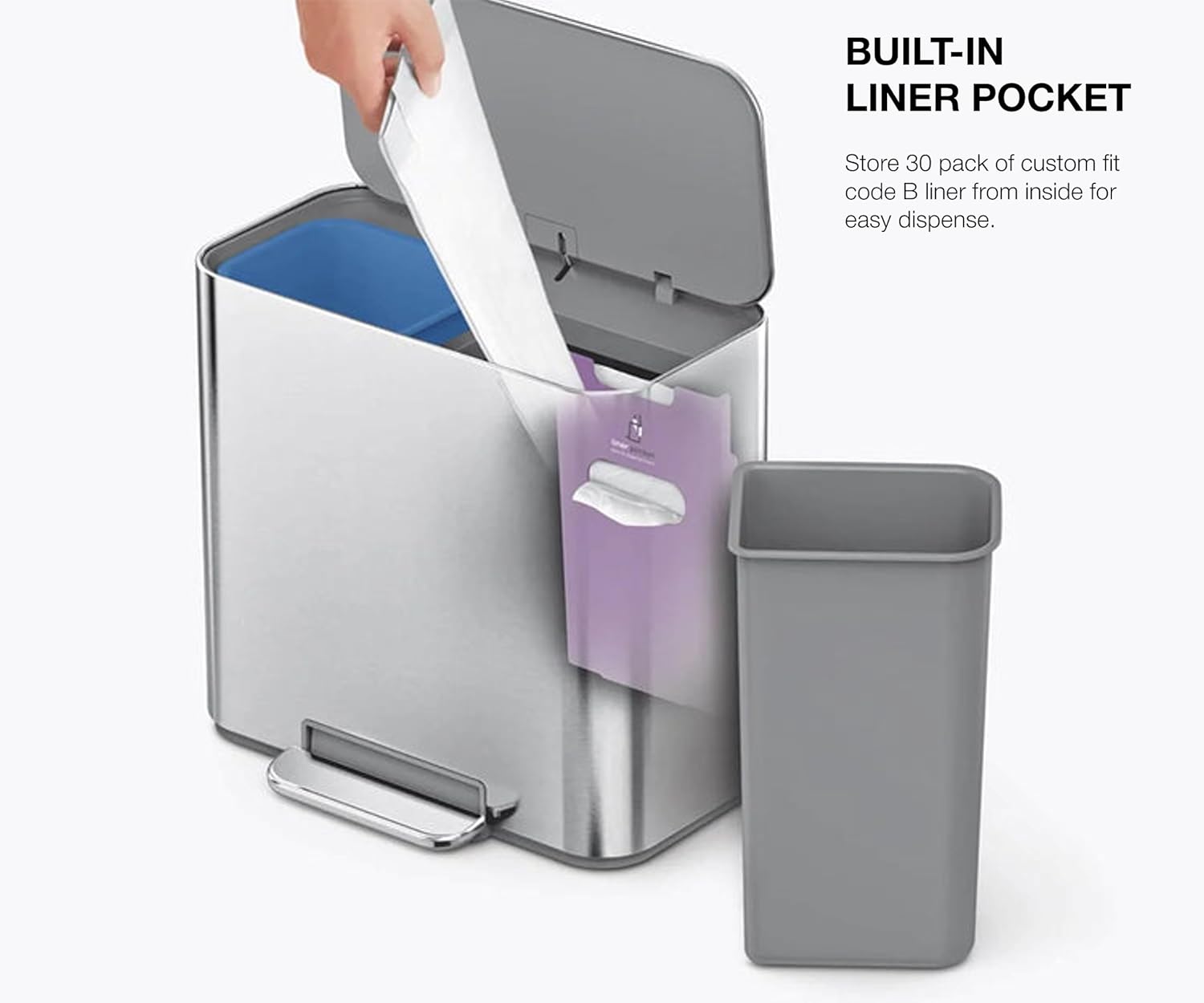 simplehuman 15L Mini Recycler Step Can, Dual Compartment Trash Can for Hotel, Offices and Small Spaces, Matte Black Steel