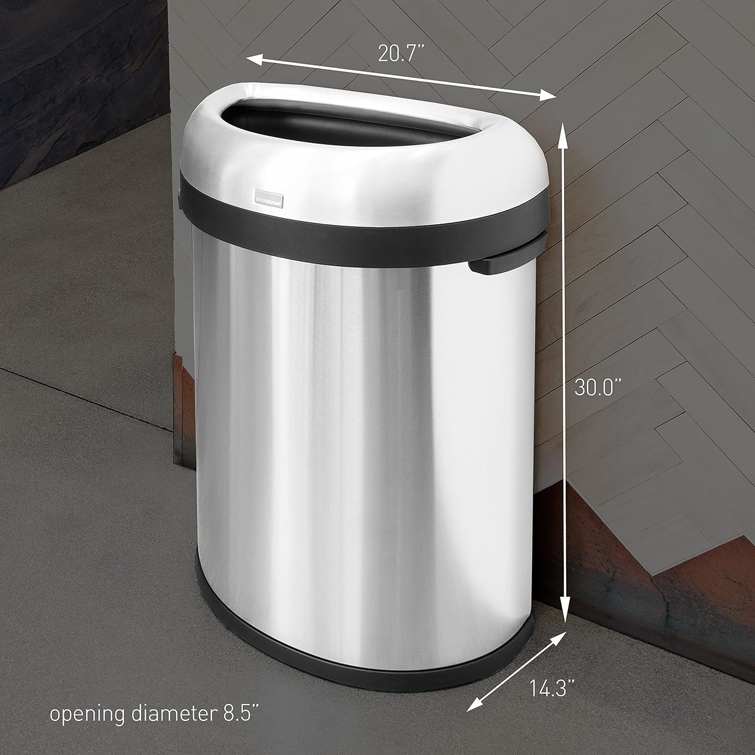 simplehuman 80 Liter / 21.1 Gallon Extra Large Semi-Round Open Top Trash Can Commercial Grade Heavy Gauge Brushed Stainless Steel, ADA-Compliant