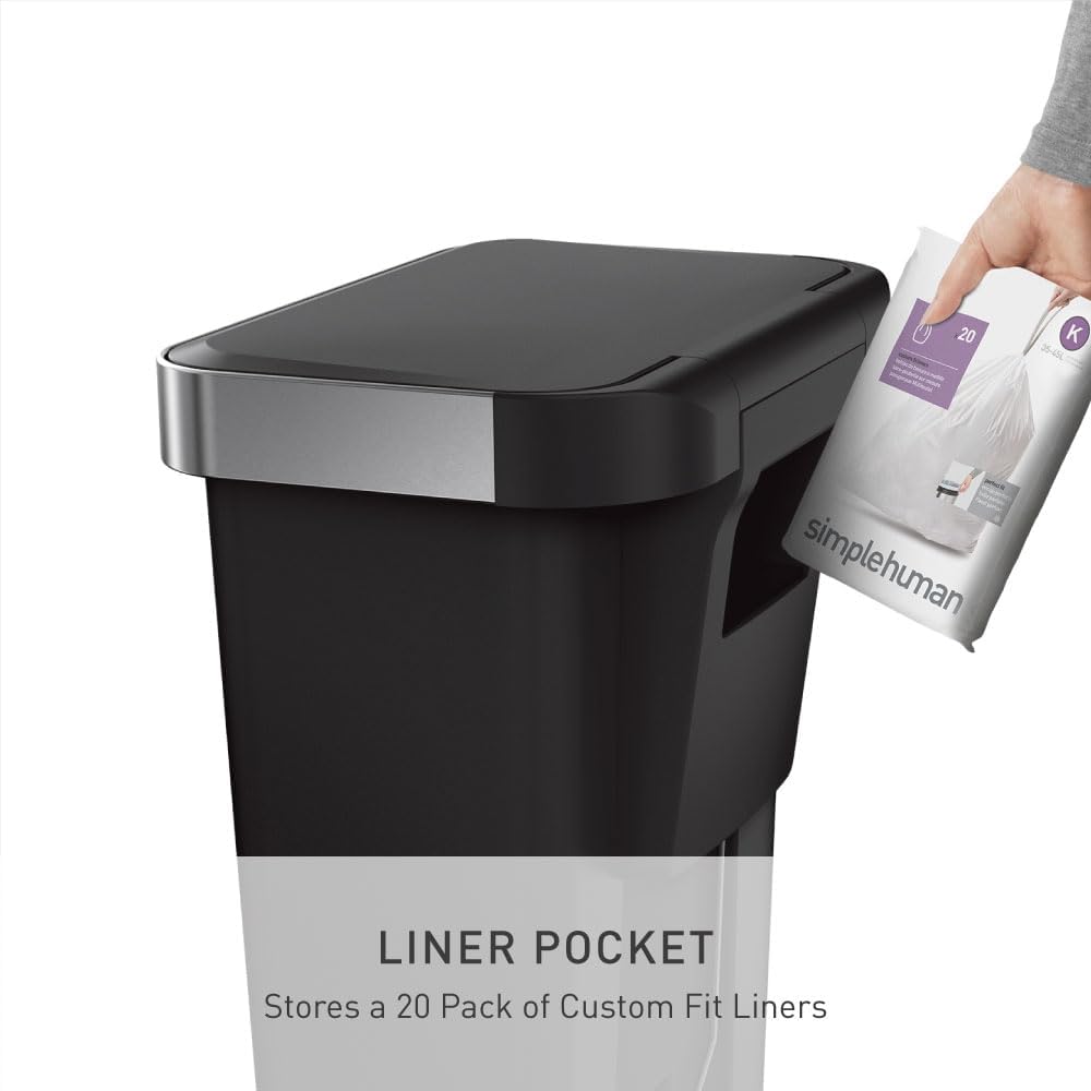 simplehuman 45 Liter / 12 Gallon Rectangular Kitchen Step Trash Can with Soft-Close Lid, Black Plastic