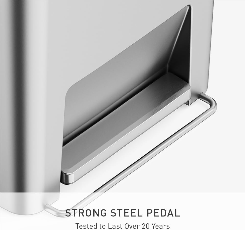 simplehuman Hybrid Step Can, 45 Liter / 12 Gallon Rectangular Kitchen Trash Can, Wide Stable Base with Long-Lasting Steel Pedal, Neat and Secure Liner Rim with Built-in Liner Pocket, Alloy Plastic