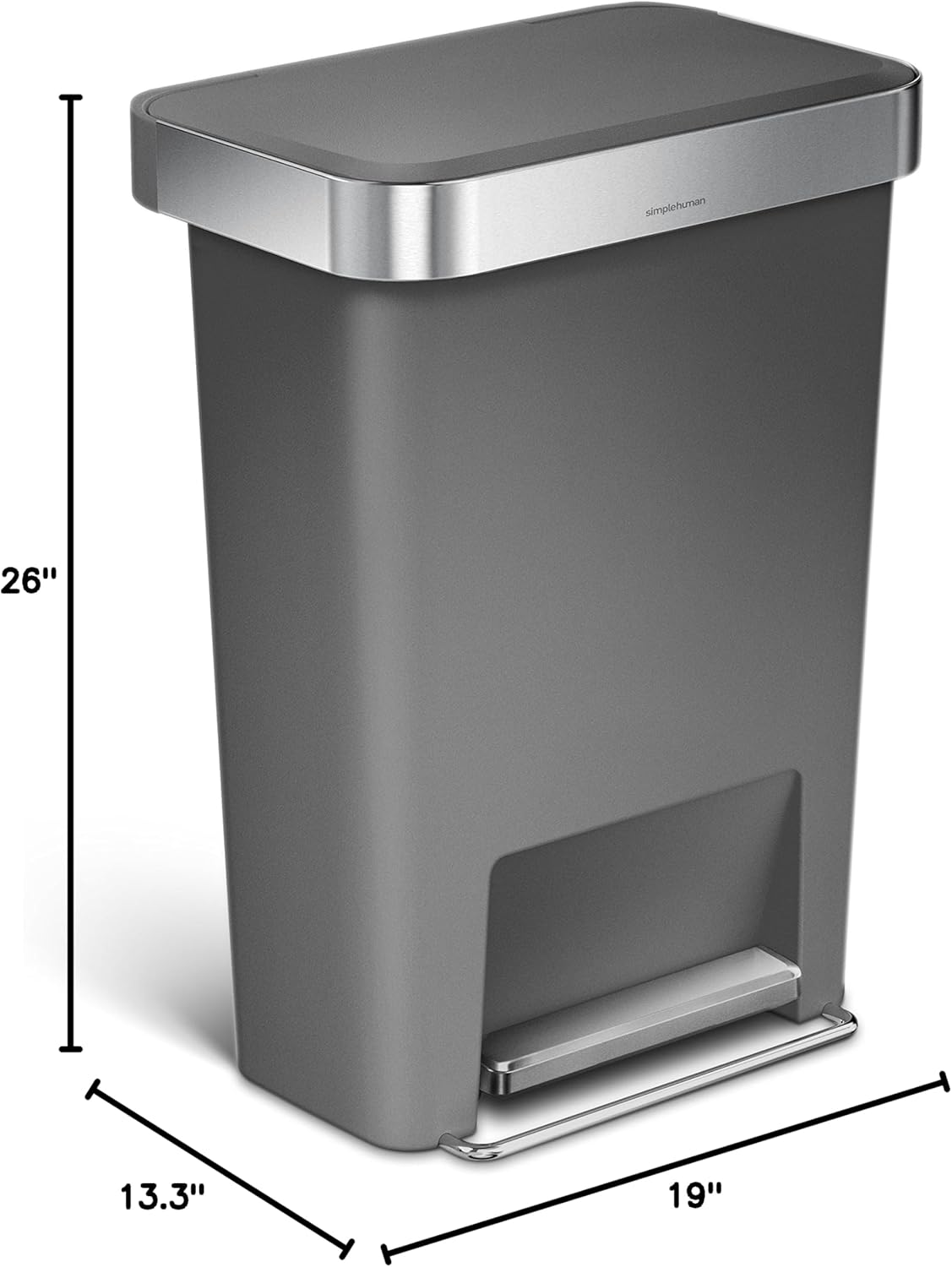 simplehuman 45 Liter / 12 Gallon Rectangular Kitchen Step Trash Can with Soft-Close Lid, Grey Plastic