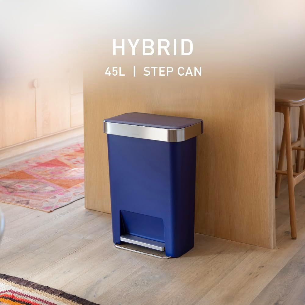 simplehuman Hybrid Step Can, 45 Liter / 12 Gallon Rectangular Kitchen Trash Can, Wide Stable Base with Long-Lasting Steel Pedal, Neat and Secure Liner Rim with Built-in Liner Pocket, Indigo Plastic