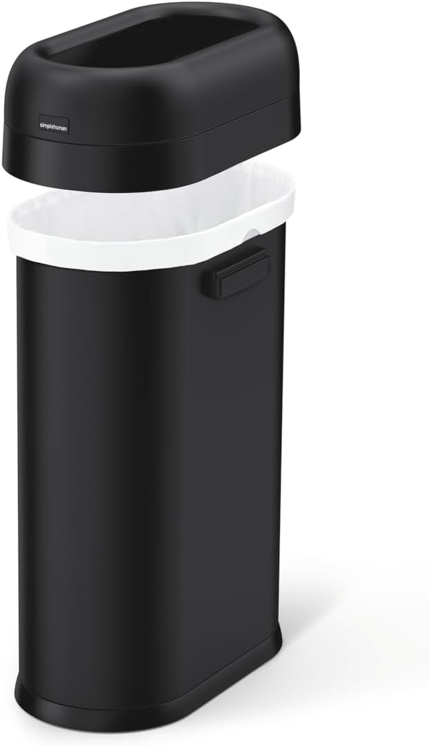 simplehuman 50 Liter / 13.2 Gallon Slim Open Top Trash Can Commercial Grade, Heavy Gauge Matte Black Stainless Steel