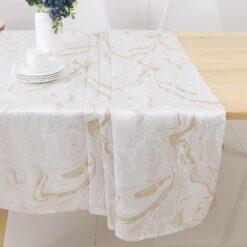 Majestic Giftware Polyester Tablecloths for Rectangle Tables | (70/108) - TC1327 Jacquard White Gold Wave Print Hem Stitch Dining Table Cover | Decorative Washable Tablecloth for Kitchen, Dining