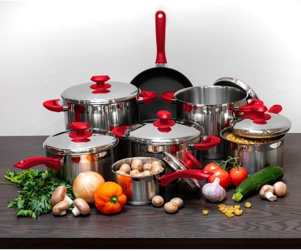 YBM HOME 18/10 Tri-Ply Stainless Steel Pots and Pans Cookware Set Includes Saucepans Stockpots and Frying Pans, Induction Compatible Dishwasher Safe 13 Pieces, Red