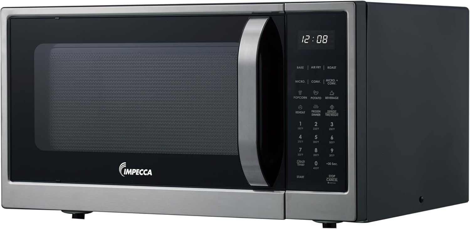 Impecca 1.3 Cu. Ft. Microwave Oven with Powerful Convection, Air fry, Roast, Large 12.8" turntable, Durable Stainless Steel Interior, White LED Display, Defrost, Child Lock, Shortcut Buttons, Touchpad