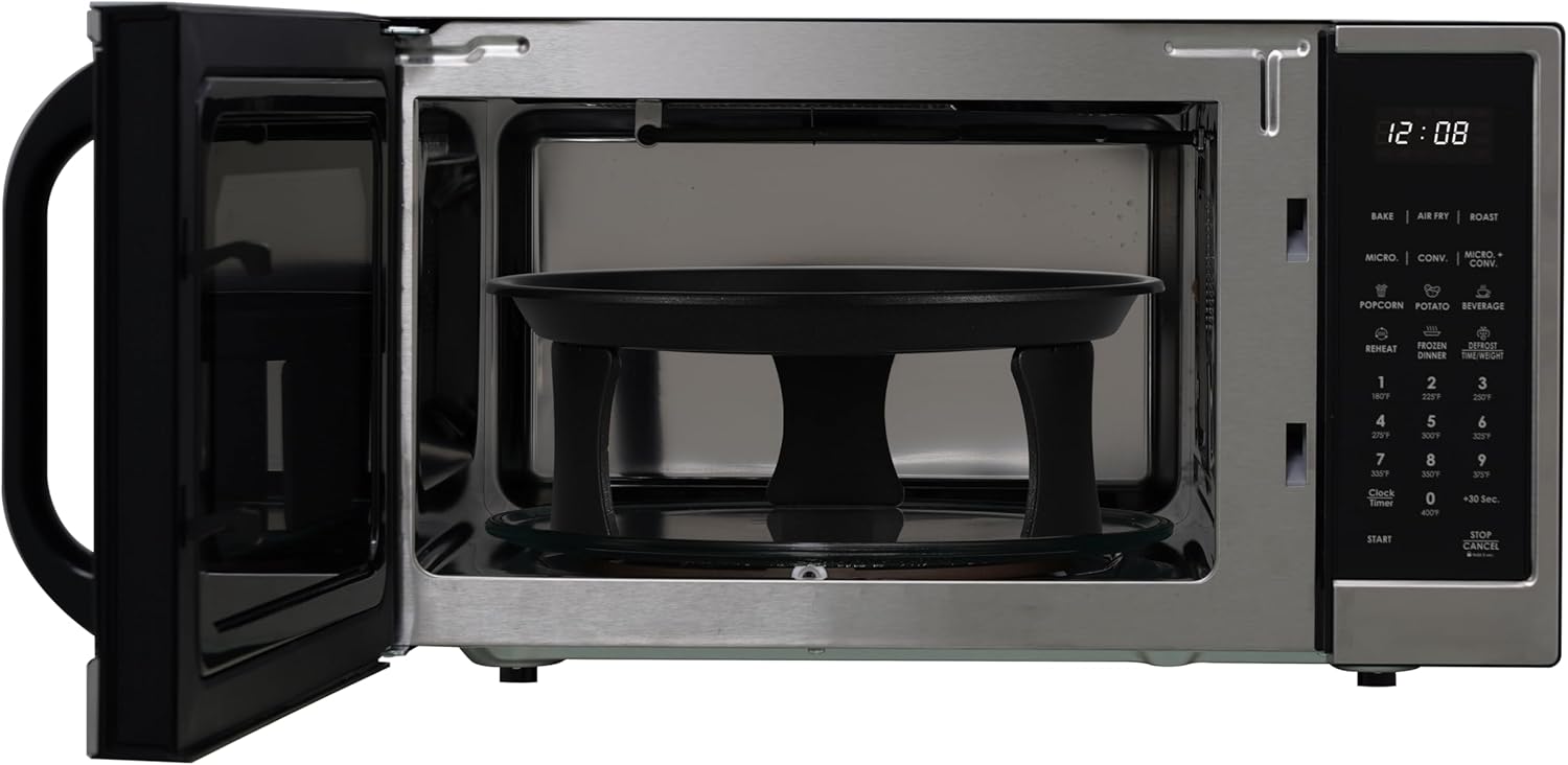 Impecca 1.3 Cu. Ft. Microwave Oven with Powerful Convection, Air fry, Roast, Large 12.8" turntable, Durable Stainless Steel Interior, White LED Display, Defrost, Child Lock, Shortcut Buttons, Touchpad