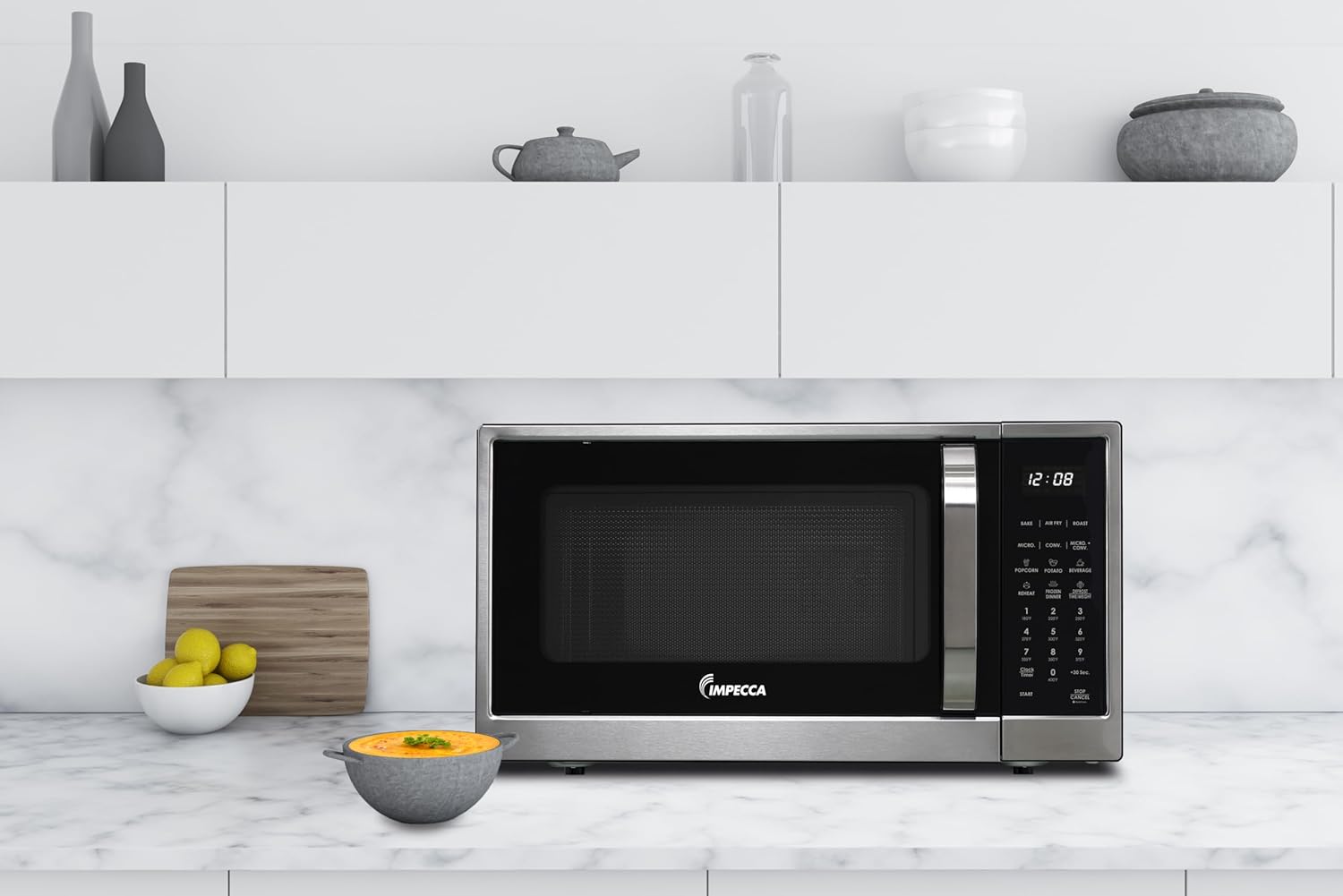 Impecca 1.3 Cu. Ft. Microwave Oven with Powerful Convection, Air fry, Roast, Large 12.8" turntable, Durable Stainless Steel Interior, White LED Display, Defrost, Child Lock, Shortcut Buttons, Touchpad
