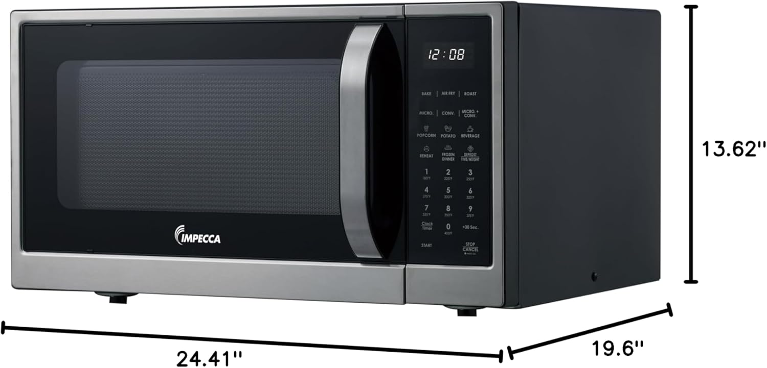 Impecca 1.3 Cu. Ft. Microwave Oven with Powerful Convection, Air fry, Roast, Large 12.8" turntable, Durable Stainless Steel Interior, White LED Display, Defrost, Child Lock, Shortcut Buttons, Touchpad