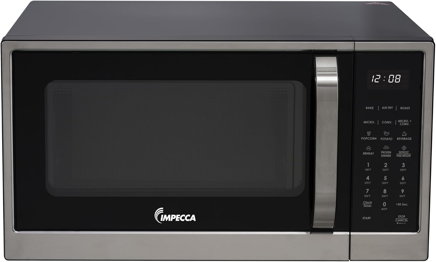 Impecca 1.3 Cu. Ft. Microwave Oven with Powerful Convection, Air fry, Roast, Large 12.8" turntable, Durable Stainless Steel Interior, White LED Display, Defrost, Child Lock, Shortcut Buttons, Touchpad