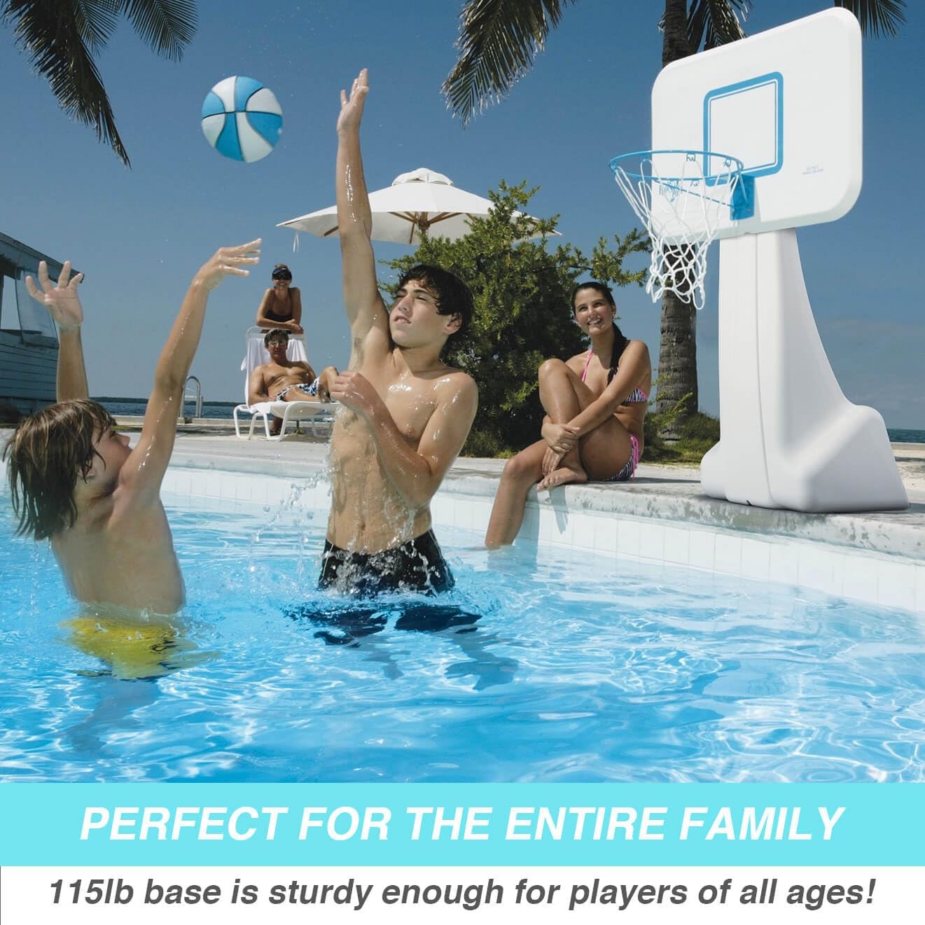Dunn-Rite PoolSport Swimming Pool Basketball Hoop w/Ball, Base, & 13.5 Inch Stainless Steel Rim for Adults & Kids, Choose Basketball or Volleyball Combo