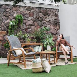 Cambridge Casual Dunham Natural Teak Wood Frame Stationary Conversation Chair with Woven Seat