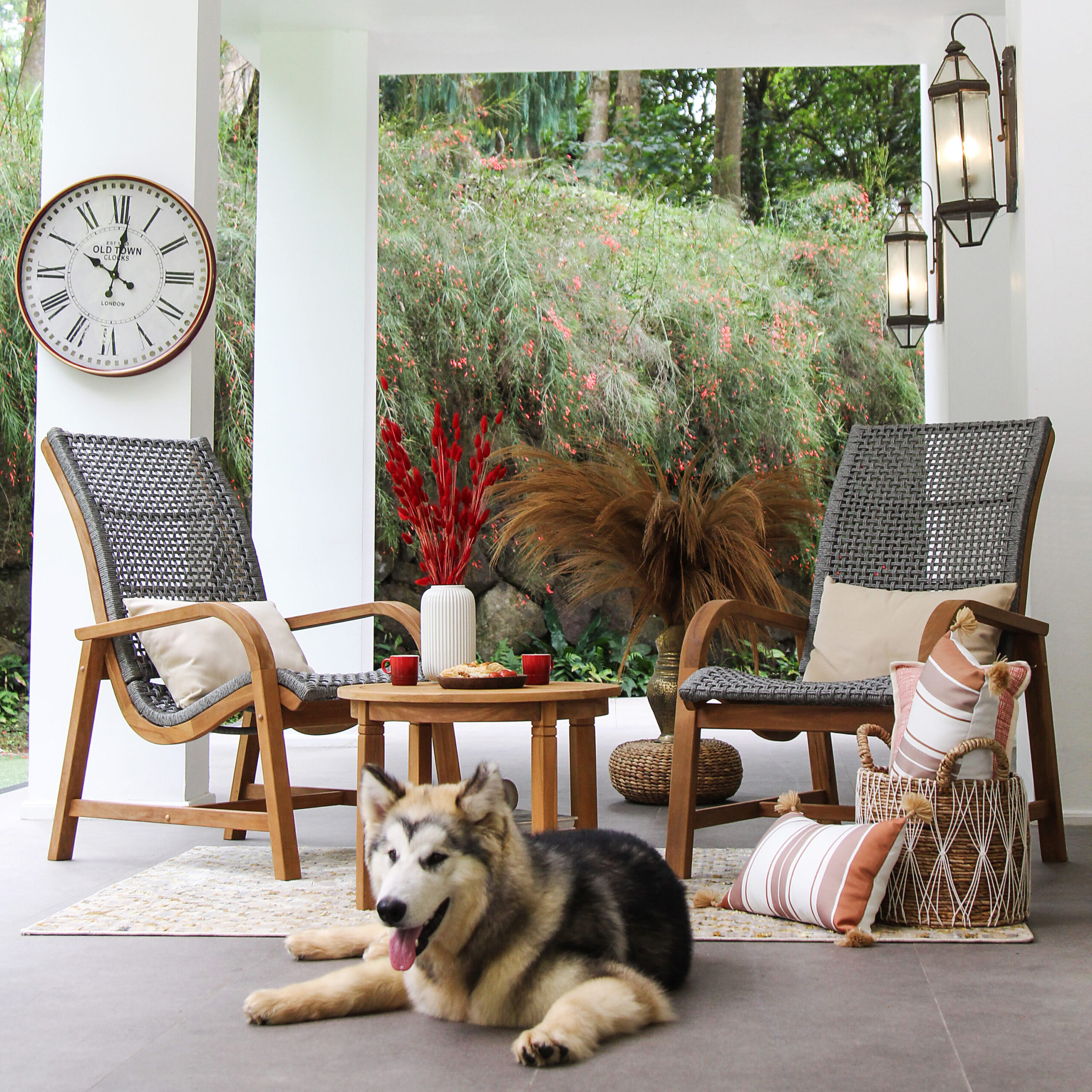Cambridge Casual Dunham Natural Teak Wood Frame Stationary Conversation Chair with Woven Seat